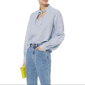 FRAME Linen Blue Striped Handkerchief Top L $268